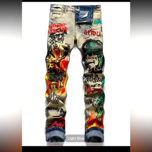 NWT!!! Mens stylish slim fit jeans w/ graffiti print;Sz 40W